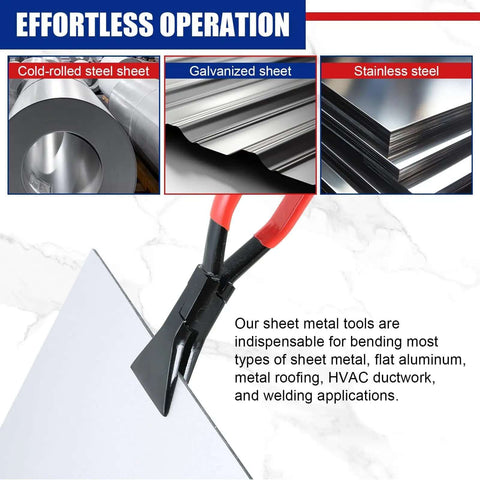 Three Piece Sheet Metal Bending Pliers Set For Roofers And Plumbers, Hand Seamers with red ergonomic grip near galvanized steel