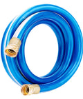 Close-up of blue 3/4 in garden hose with brass female fittings