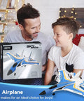Father and son with Epic RC Plane for Adults and Kids, Easy to Fly Fighter Jet box set on living room couch.