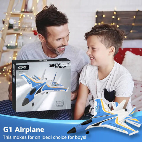 Father and son with Epic RC Plane for Adults and Kids, Easy to Fly Fighter Jet box set on living room couch.