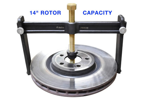 Heavy Duty Hub Drum And Rotor Puller Kit for Impact Wrench Removal, showing 14-inch rotor capacity, beefy eight and a half ton forged construction.
