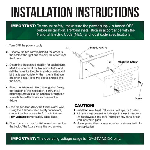 Installation instructions for 12V 3W Surface Mount LED Step Light With Horizontal Louver Faceplate for outdoor use.