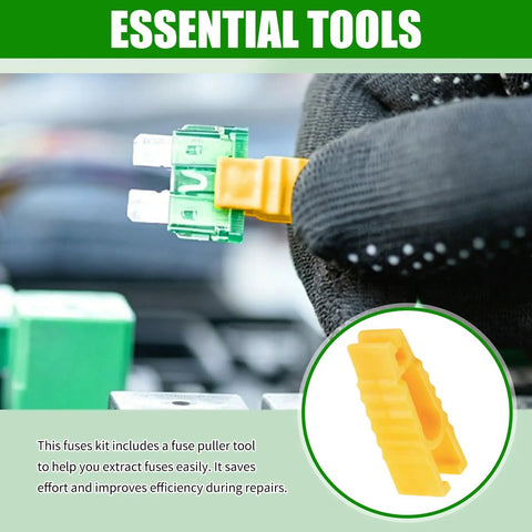 Image of a person using a yellow fuse puller tool with a green mini blade fuse, part of the 120Pcs Car Mini Blade Fuse Assortment Kit With Heavy Grip Puller Wrench 2A To 35A.