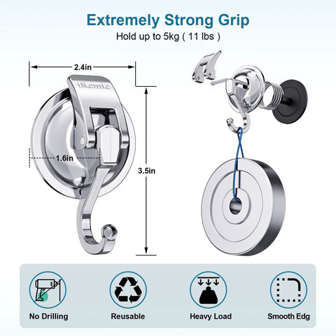 Heavy Duty Vacuum Suction Cup Hooks 2 Pack For Kitchen Bathroom And Restroom Organization No Drilling No Screws No Holes No Glue Damage Free Mount Strong Hold Perfect For Towels Kitchen Utensils And More showing dimensions and features icons