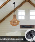 Rustic Hemp Rope Pendant Light With Handwoven Shade 3 Light Vintage Style Chandelier in bright room with sloped ceiling