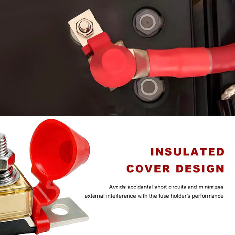 Heavy Duty Waterproof Fuse Block Rated 300 Amp 58 DC With M8 Single Stud Connector showing an insulated cover design.
