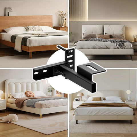Adjustable Headboard Brackets Metal Bed Frame Wall Mounts With Footboard Extension Kit Fits Twin Full Queen King Bed Hella Secure Grip Rock Solid Black Steel And No Sweat Assembly, showcasing installation on various bed styles.