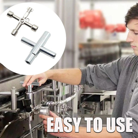 Person using 4 Way Sillcock Key Wrench Kit Two Pack, Multi Function Water Key For Valves, Faucets, Spigots And Electrical Cabinets
