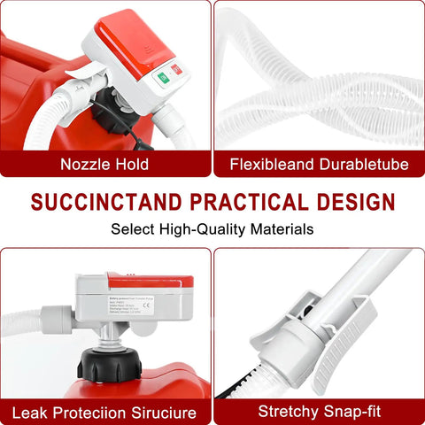 Automatic Gas Can Pump With Auto Stop Sensor, Battery Operated Portable Fuel Transfer Tool, close-up of nozzle and hose