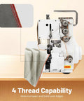 Workhorse Serger Overlock Machine With Four Thread Capability next to fabric showing overlock stitching on a light surface.