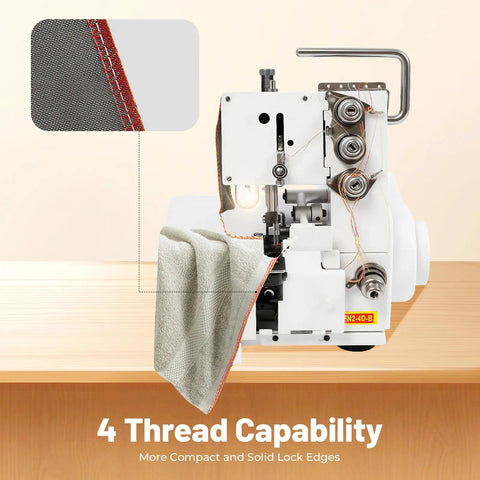 Workhorse Serger Overlock Machine With Four Thread Capability next to fabric showing overlock stitching on a light surface.