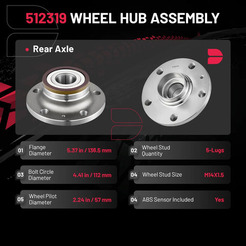 Drop In Rear Wheel Bearing And Hub Assembly For Audi Q3 TT 2008 2018 And VW Arteon Beetle CC Eos Golf GTI Jetta Passat Tiguan 2005 2020 5 Lug Two Piece Set Replacement, showing rear axle view with flange and bolt circle diameters.