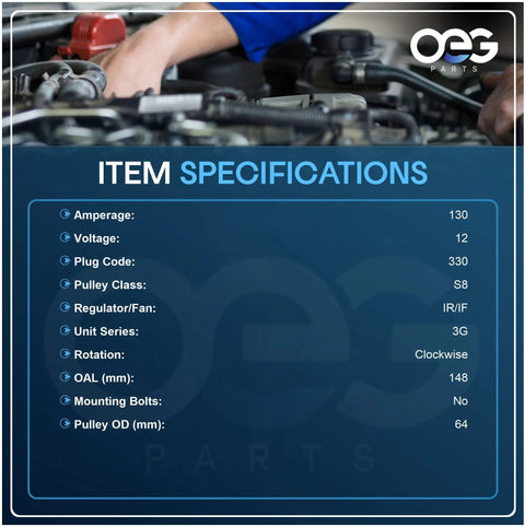 Item specifications for alternator compatible with Ford 7.3L Powerstroke Diesel Super Duty 1995-2003 in the background of a mechanic at work.