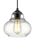 8 Inch Globe Pendant Light with Hand Blown Bubble Glass and Seeded Glass Details, Industrial Farmhouse Style, Black Finish