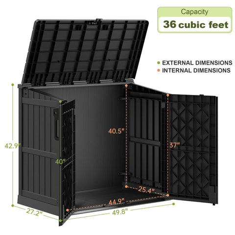 Dimensions of 36 Cu Ft Resin Outdoor Storage Shed With Weatherproof Horizontal Cabinet And Dual Lock Doors For Backyard Patio Garage Or Garden Black With Wood Grain Finish To Store Tools Pool Gear Grilling Sets And More