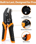 All In One 6 In 1 Crimping Tool Kit With Quick Change 6 Dies Ratcheting Wire Crimper Tool For DuPont Ferrule Open Barrel Heat Shrink Insulated Non Insulated Solar Case Included with adjustable compression wheel.