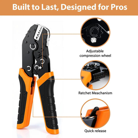 All In One 6 In 1 Crimping Tool Kit With Quick Change 6 Dies Ratcheting Wire Crimper Tool For DuPont Ferrule Open Barrel Heat Shrink Insulated Non Insulated Solar Case Included with adjustable compression wheel.
