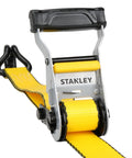 Heavy Duty Ratchet Tie Down Straps 1.5 Inch By 16 Foot 5000 Lb Load Rating 2 Pack, yellow strap with padded handle and metal ratchet.