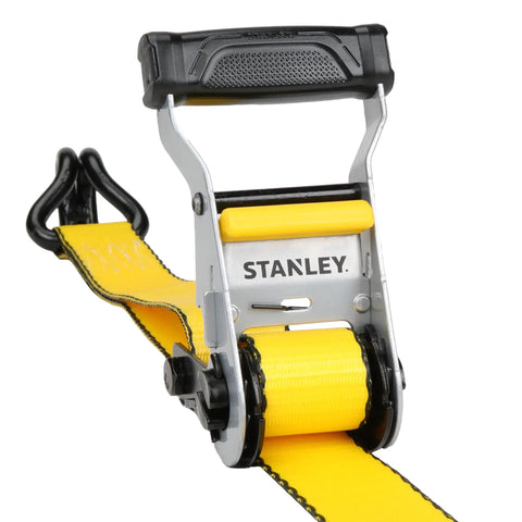 Heavy Duty Ratchet Tie Down Straps 1.5 Inch By 16 Foot 5000 Lb Load Rating 2 Pack, yellow strap with padded handle and metal ratchet.