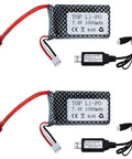 7.4V 1000mAh Li Ion Battery Pack For RC Trucks And Cars, 2 Pack 2S 25C With T Plug, Rechargeable Battery Set With Two USB Chargers