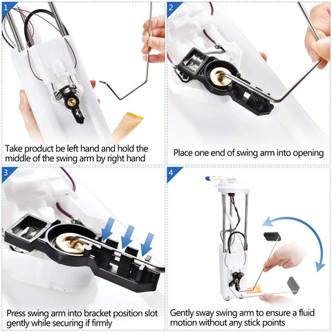 Installation steps for Drop-In Fuel Pump Assembly Replacement E3542M showing swing arm placement and securing procedure
