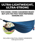 Ultralight Camping Hammock 12 Oz Lightweight Blue Portable Ripstop Polyester 96 By 46 Inch Solo Lounger with carabiners in park