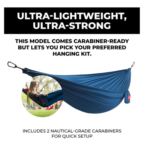 Ultralight Camping Hammock 12 Oz Lightweight Blue Portable Ripstop Polyester 96 By 46 Inch Solo Lounger with carabiners in park