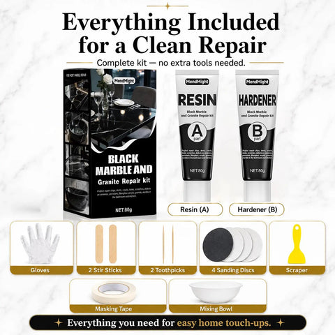 Black Tub And Tile Repair Kit 5.6 Oz Epoxy Putty For Bathtub And Countertop Restoration Color Matched For Porcelain Fiberglass Marble Granite Waterproof DIY Fix Cracks Chips Scratches Like A Pro complete repair set with resin, hardener, gloves, and tools.