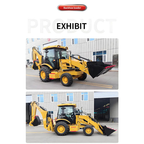 Compact 4x4 Wheel Backhoe Loader with Front End Loader and Rear Digger for farm, garden, backyard landscaping, and small construction jobs.