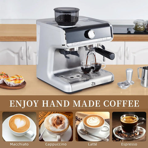 Pro Grade Espresso Coffee Machine With Built In Grinder And 20 Bar Pump Featuring Fast Steam Milk Frother Wand on kitchen counter.