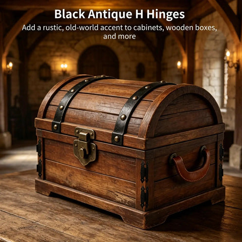 Old School Antique Black H Hinges Set on wooden chest with hammered finish in vintage setting