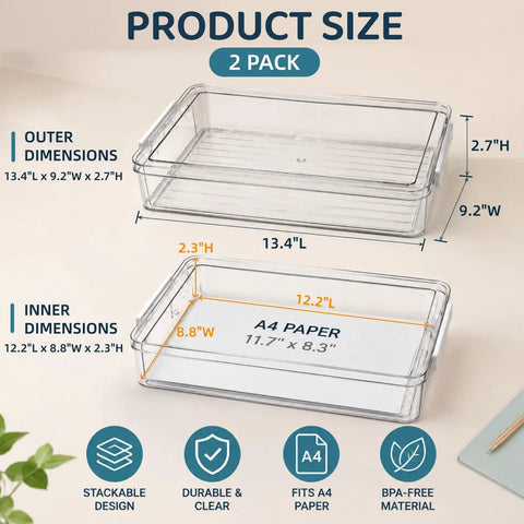 Two Pack Plastic File Storage Boxes With Lids And Latches Clear Flat A4 Document Organizer dimensions illustration