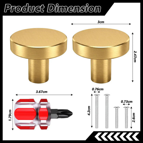 Dimensions of Two Pack Matte Gold Bifold Closet Door Knobs with screws and screwdriver