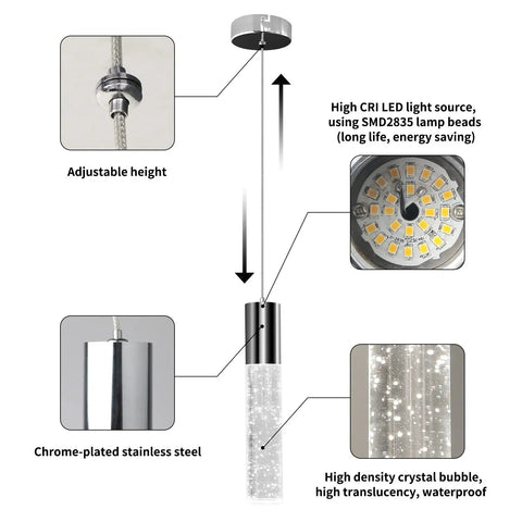 Slick Modern Pendant Light With LED Bubble Crystal Shades for Kitchen Island, Chrome Mini Single Island Fixture details.