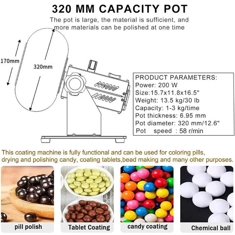 Heavy Duty Chocolate Sugar Coating Machine And Candy Polisher with 320mm capacity pot, crafted from food grade 304 stainless steel.