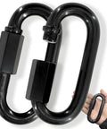 Heavy Duty Chain Quick Links Set With Two Half Inch Carabiners, 2500 Lbs Capacity, Anti Rust Black Carbon Steel Connectors shown in hand