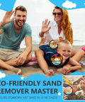 Family using Beach Sand Remover Tool For Family Trips And Travel Must Have Gear To Clean Towels Pets And Gear After A Beach Day Easy Cleanup On Vacation Cruise Lake Or Shore on a beach.