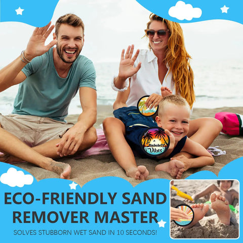 Family using Beach Sand Remover Tool For Family Trips And Travel Must Have Gear To Clean Towels Pets And Gear After A Beach Day Easy Cleanup On Vacation Cruise Lake Or Shore on a beach.