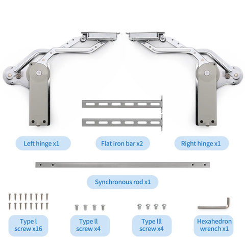 Hydraulic Buffer Cabinet Door Hinge set with synchronous rod, screws, and hex wrench for vertical lift cabinets, fits 19.69-31.49 inches