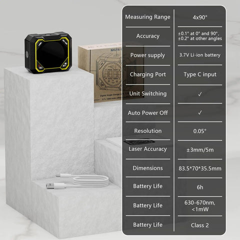 Pro Level Digital Angle Finder With Laser And Magnetic Base And Usb Rechargeable Electronic Inclinometer on display with charging cable.