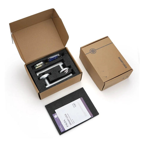 No Sweat Smart Lock Keyless Entry Door Lock Biometric Fingerprint Scanning Electronic Keypad Deadbolt in packaging with components.