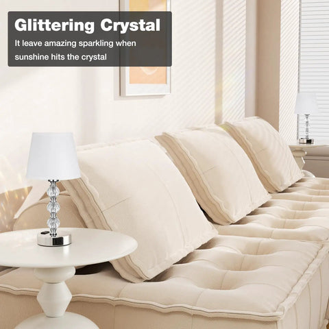 Crystal Table Lamp Set Of 2 With USB A And USB C Ports And 2 Pin Outlet Charge Up To Six Gadgets At Once on a white living room sofa table.
