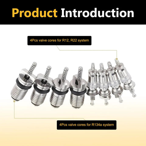 16 Pcs Air Conditioning Valve Core Kit with R134A and R12 Cores showing 4 R12 and 4 R134A valve cores