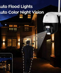 2K Auto Track PTZ Outdoor Security Camera with Color Night Vision Auto Flood Lights mounted on house at night