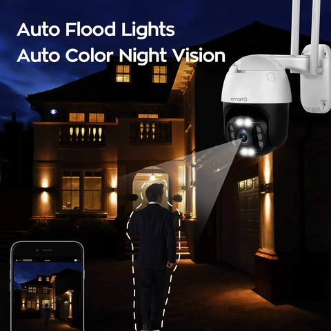 2K Auto Track PTZ Outdoor Security Camera with Color Night Vision Auto Flood Lights mounted on house at night
