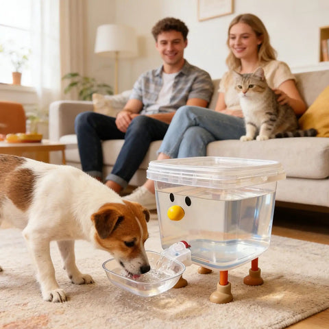 Dog drinking from Smile Face Cat Water Dispenser With Cartoon Pet Fountain in living room, couple and cat in background