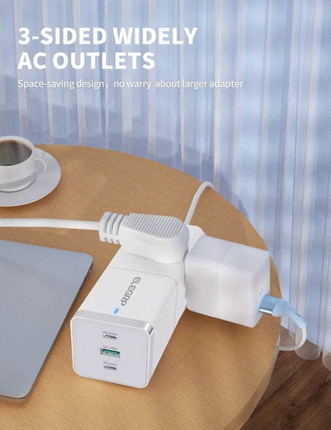 Six In One Power Strip With Surge Protection Three AC Outlets Two USB C Ports 65W Fast Charging placed on a table