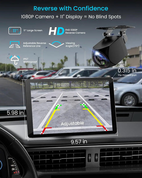Ultra Slim 11 Inch Wireless CarPlay Screen For Cars With Android Auto And 4K Dash Cam showing rear camera display in car