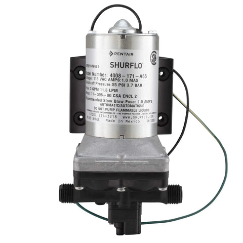 Front view of 115V 3.0 GPM Water Pump For Boat And RV Revolution With Strainer, Model 4008 171 A65 E65, showing manual label.