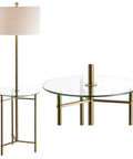 59 Inch Brass Gold Metal And Glass Side Table With Built In LED Floor Lamp, white linen drum shade, modern transitional design.